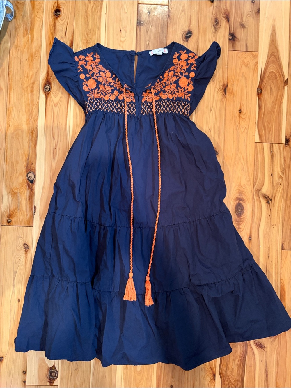 Blue Embroidered Casual Dress with Orange Accents
